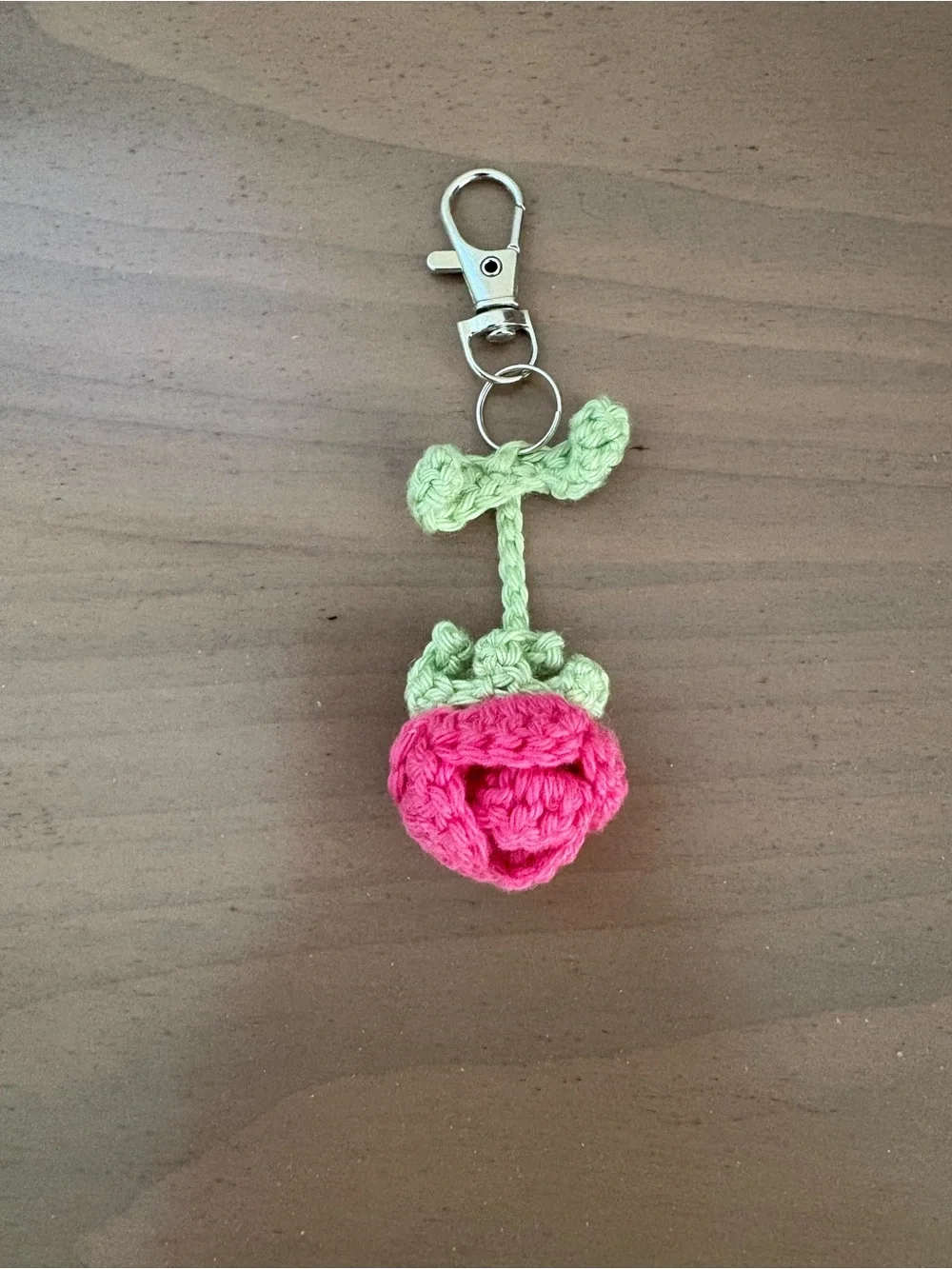 Handmade Pink Crochet Rose Keychain with Green Stem